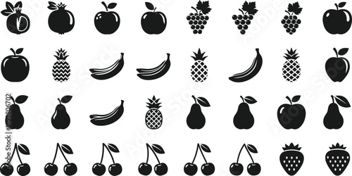 Fruit silhouette icon set, apples bananas grapes pears cherries strawberries pineapple, black vector food symbols, minimal healthy nutrition graphics collection