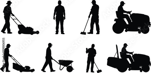 Gardener silhouette illustration set, lawn mowing cleaning sweeping and tractor driving, professional landscaping workers, black vector outdoor maintenance icons collection