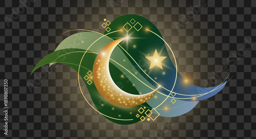 Elegant 3D Crystal Glass Ramadan Crescent and Star Modern Islamic Decorative Element with Gold Accents and Realistic Refraction for Eid Mubarak and Ramadan Kareem Greetings