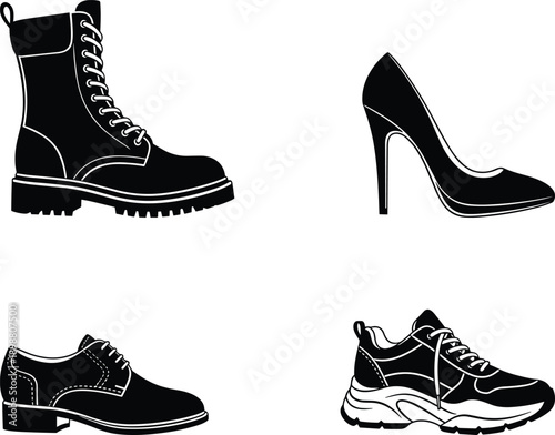 Footwear silhouette vector collection, boots heels formal shoes sneakers set, fashion icons, black isolated illustration