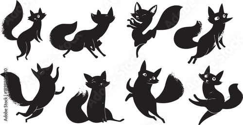 Set of black silhouette cats in various playful and sitting poses on white background vector illustration
