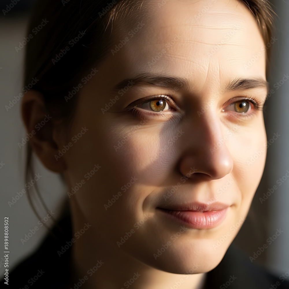 Fototapeta premium Sunlit portrait of a young woman with warm light on her face, natural expression