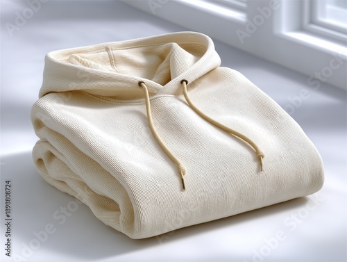 Soft hoodie folded and placed near a sunny window in a bright room