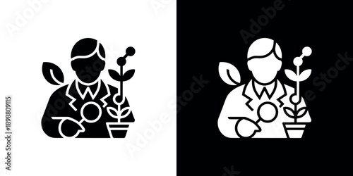 Gardener icon set a black and white representation of a person with plants