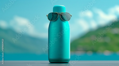 Bright teal water bottle with sunglasses near a lake during daytime