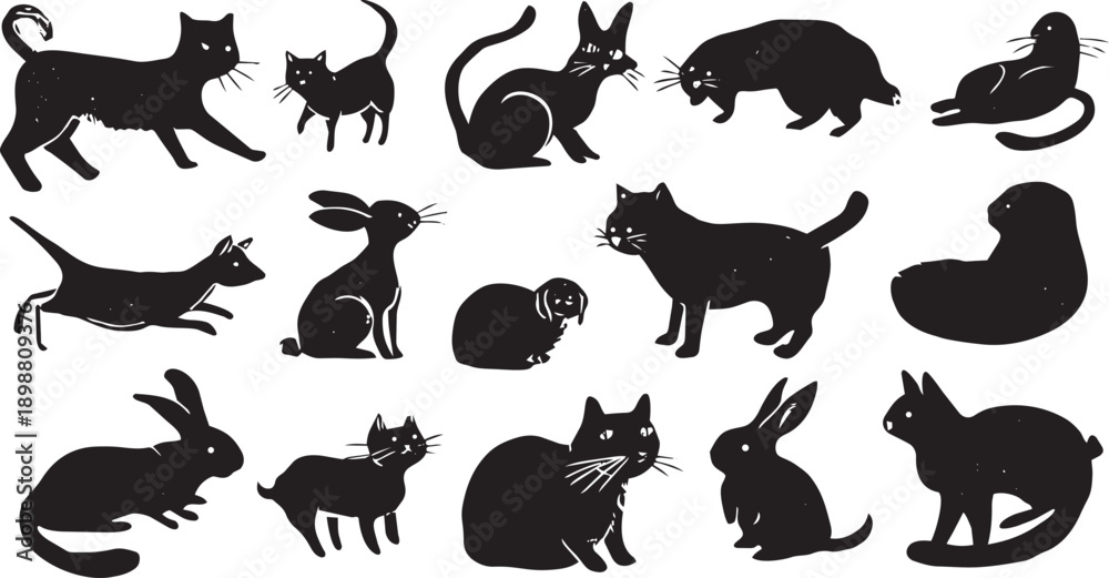 Obraz premium Collection of black and white animal silhouettes including cats, dogs, rabbits, and birds in flat design vector illustration for pet lovers and wildlife themes 