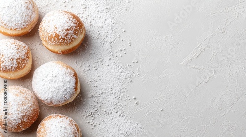 Elegant festive background with powdered paczki pastries for Paczki Day, with space for text. 