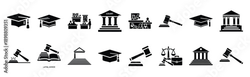 Vector symbols of legal prosecution simple silhouette icon set, black color and white background