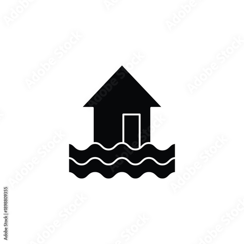 Flooded House Silhouette Black Icon on White.