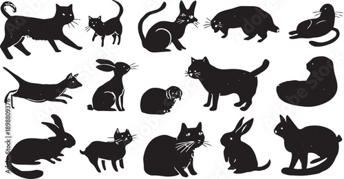 Collection of black and white animal silhouettes including cats, dogs, rabbits, and birds in flat design vector illustration for pet lovers and wildlife themes
