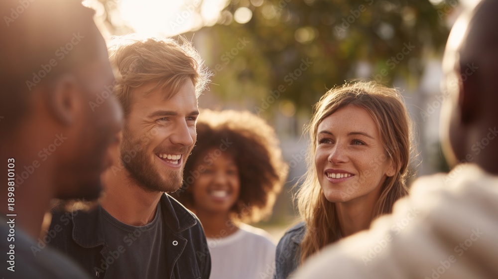 Obraz premium Diverse group of young adult friends smiling and talking together in bright outdoor light