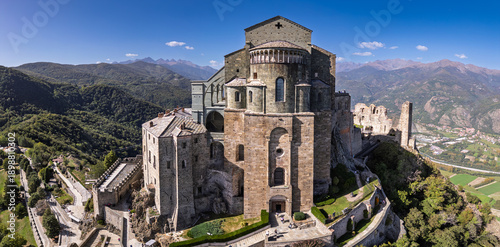 Aerial view of the Sacra di San Michele at dawn, Piedmont, Italy