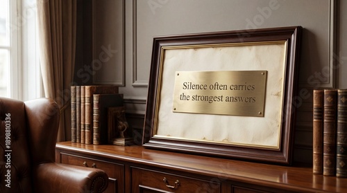 Inspirational quote on framed plaque in elegant home office setting