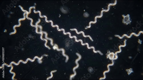Ultra-realistic microscopic video of the spirochete Borrelia burgdorferi under a high-end laboratory microscope in darkfield viewing. The thin, corkscrew-like bacteria have a characteristic spiral mor