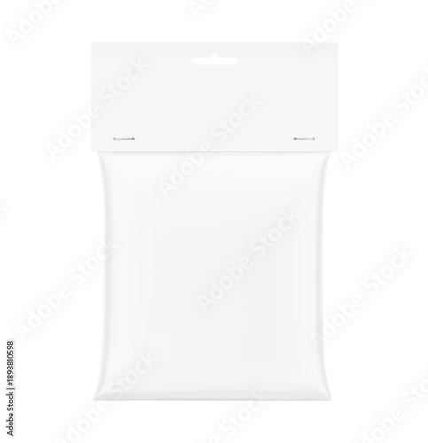 Clear plastic bag with paperboard label mockup. Vector illustration isolated on white background. Ready for your design, promo, adv. EPS10.