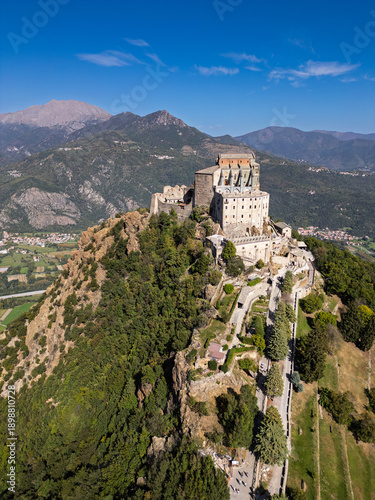 Aerial view of the Sacra di San Michele at dawn, Piedmont, Italy
