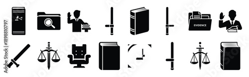 Vector symbols of trial witness simple silhouette icon set, black color and white background