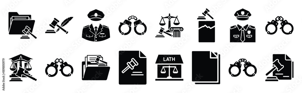 Fototapeta premium Vector symbols of court case file simple silhouette icon set, black color and white background