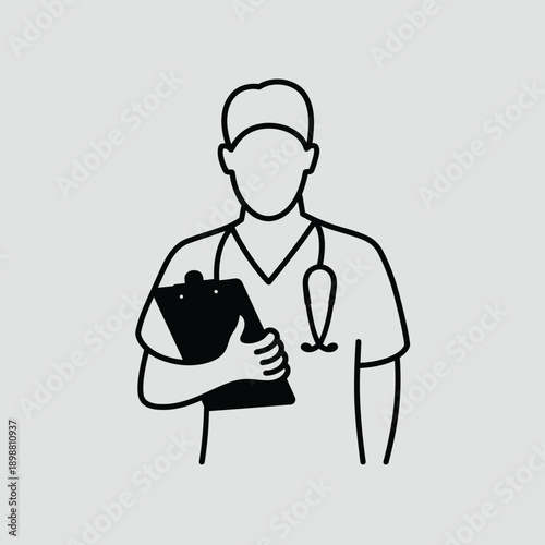 A medical professional holding a clipboard and wearing a stethoscope. isolated on white background, Vector, illustration