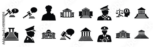 Vector symbols of court case approval simple silhouette icon set, black color and white background
