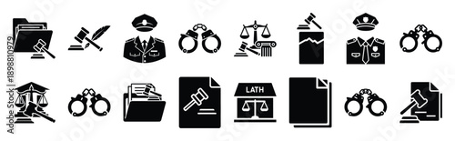 Vector symbols of court case file simple silhouette icon set, black color and white background