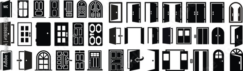 Door icons big set. Open door icons. Open, close and ajar door, login, logout, register, password, vip entrance, key, lock, exit and more. Editable stroke. Vector illustration.