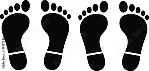 Human footprint silhouettes set, barefoot step icons isolated on white background for walking trail track design