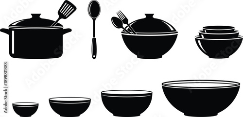 Kitchen utensils silhouette illustration set, pots bowls spoons and forks, black cooking equipment icons, minimal vector household design collection