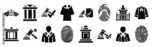 Vector symbols of judge hammer strike simple silhouette icon set, black color and white background