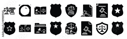 Vector symbols of law court door simple silhouette icon set, black color and white background