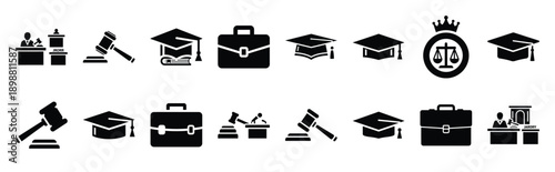 Vector symbols of law education cap simple silhouette icon set, black color and white background