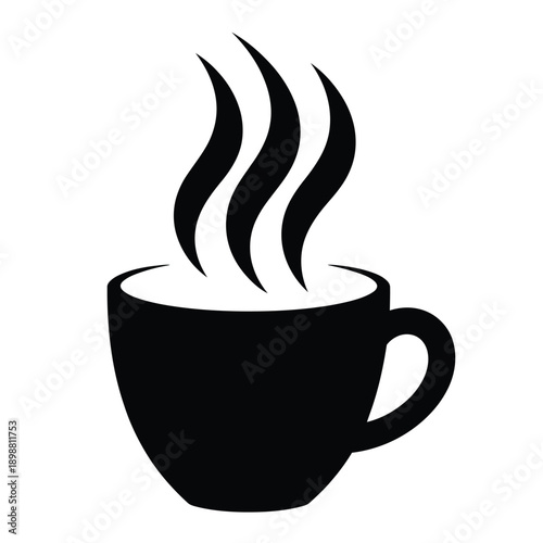 A stylized black and white illustration of a steaming coffee cup isolated on white background, Vector, illustration
