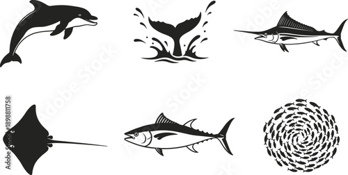 Marine animals silhouette vector set, dolphin whale marlin tuna stingray icons, ocean wildlife collection, sea life illustration