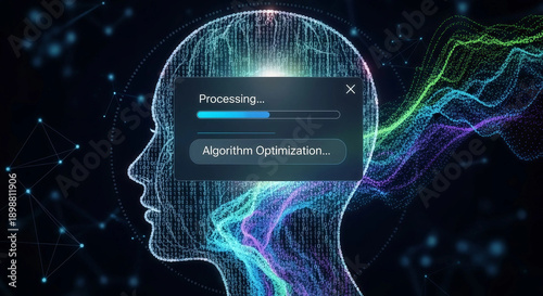 algorithm optimization processing bar on human brain with neon circuit lines for technology or AI concept, overlay effect for website or presentation