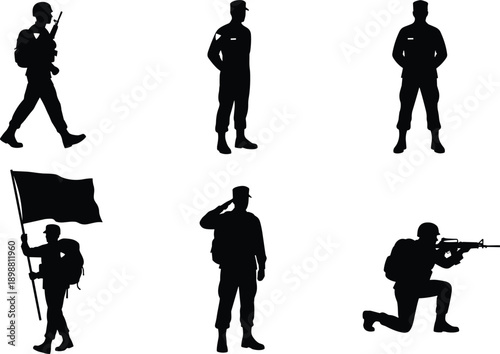 Military soldier silhouette vector set, army poses collection, saluting aiming flag bearer figures, armed forces illustration