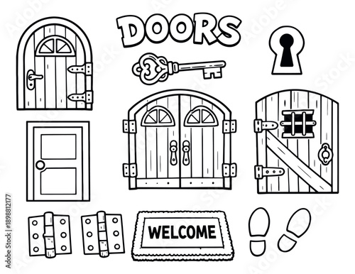 Hand drawn line art doors set featuring various door designs, keys, keyholes, and a welcome mat for home entrance concepts
