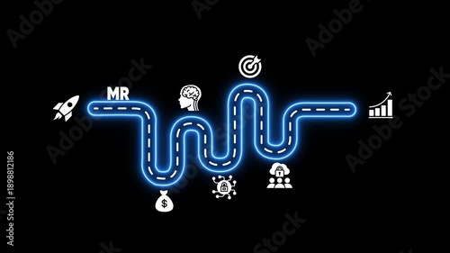 MR business development roadmap with icons for startup launch and market goals growth success