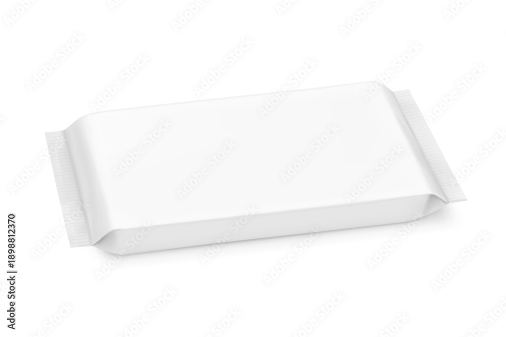 Fototapeta premium Realistic flow packaging mockup for bars, candies, waffles. Vector illustration isolated on white background. Easy to use for your design. EPS10.