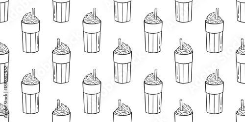 Vector seamless pattern with hand drawn milkshake or frappe glass with whipped cream, straw on white background. Cute black and white dessert drink for cafe packaging, textile, summer menu design.