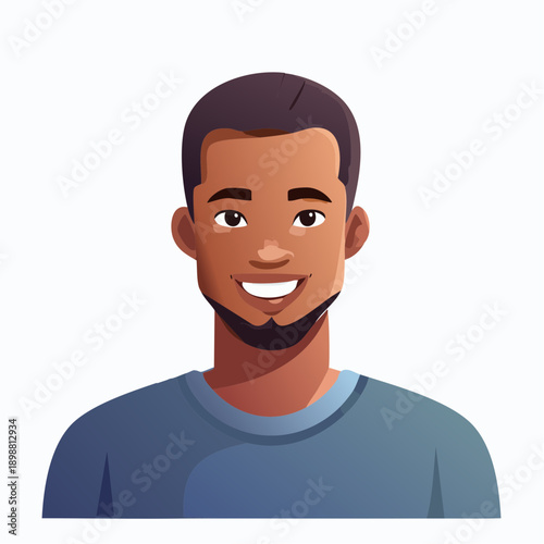 Avatar cartoon masculin souriant – illustration moderne pour profil, réseaux et médias digitaux, noir, métis