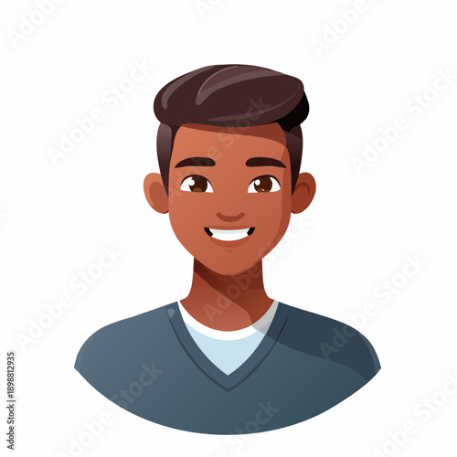 Avatar cartoon masculin souriant – illustration moderne pour profil, réseaux et médias digitaux, noir, métis