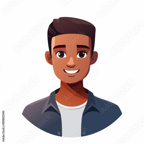 Avatar cartoon masculin souriant – illustration moderne pour profil, réseaux et médias digitaux, noir, métis