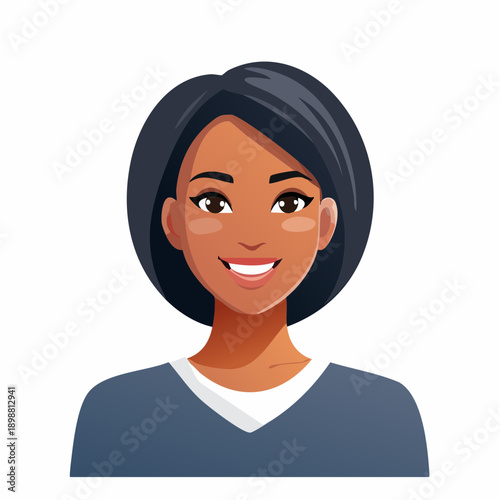 Avatar féminin stylisé – illustration simple et souriante, femme noire, métisse, beauté, fond blanc