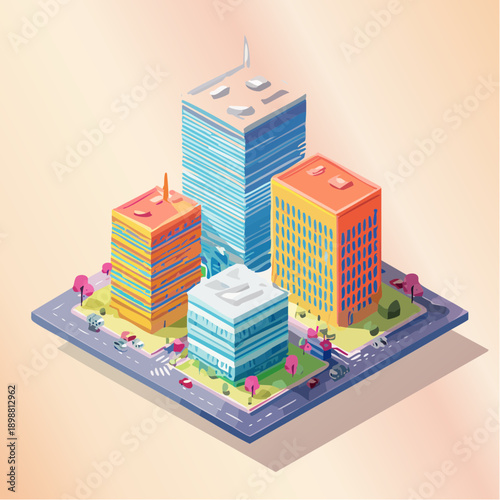 Illustration isométrique de ville moderne – immeubles, urbanisme et architecture contemporaine