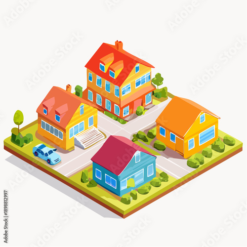Quartier résidentiel coloré – illustration isométrique de banlieue moderne