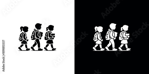 Silhouetted students walking in opposite directions split black and white
