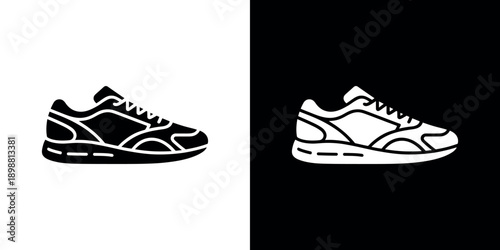Black and white illustration of running shoes on contrasting backgrounds