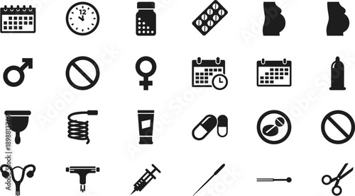 Reproductive health and contraception icons set, pregnancy calendar medicine pills syringe gender symbols silhouette collection isolated on white