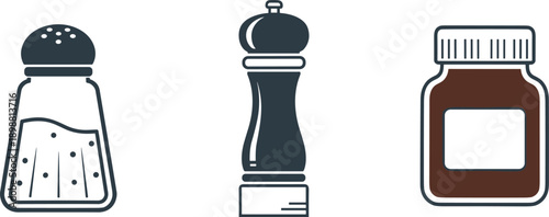 Set of three kitchen condiment containers: salt shaker, pepper mill, and spice jar