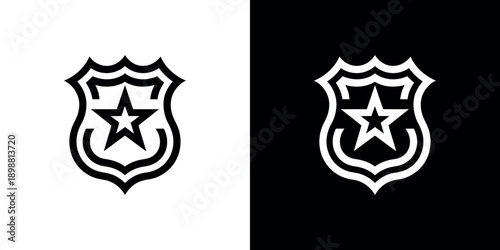 Shield emblem with a star presented in dual black and white color schemes
